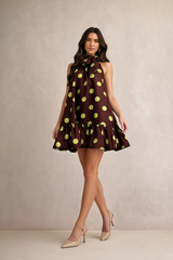 TIE NECK POLKA DOT MINI DRESS