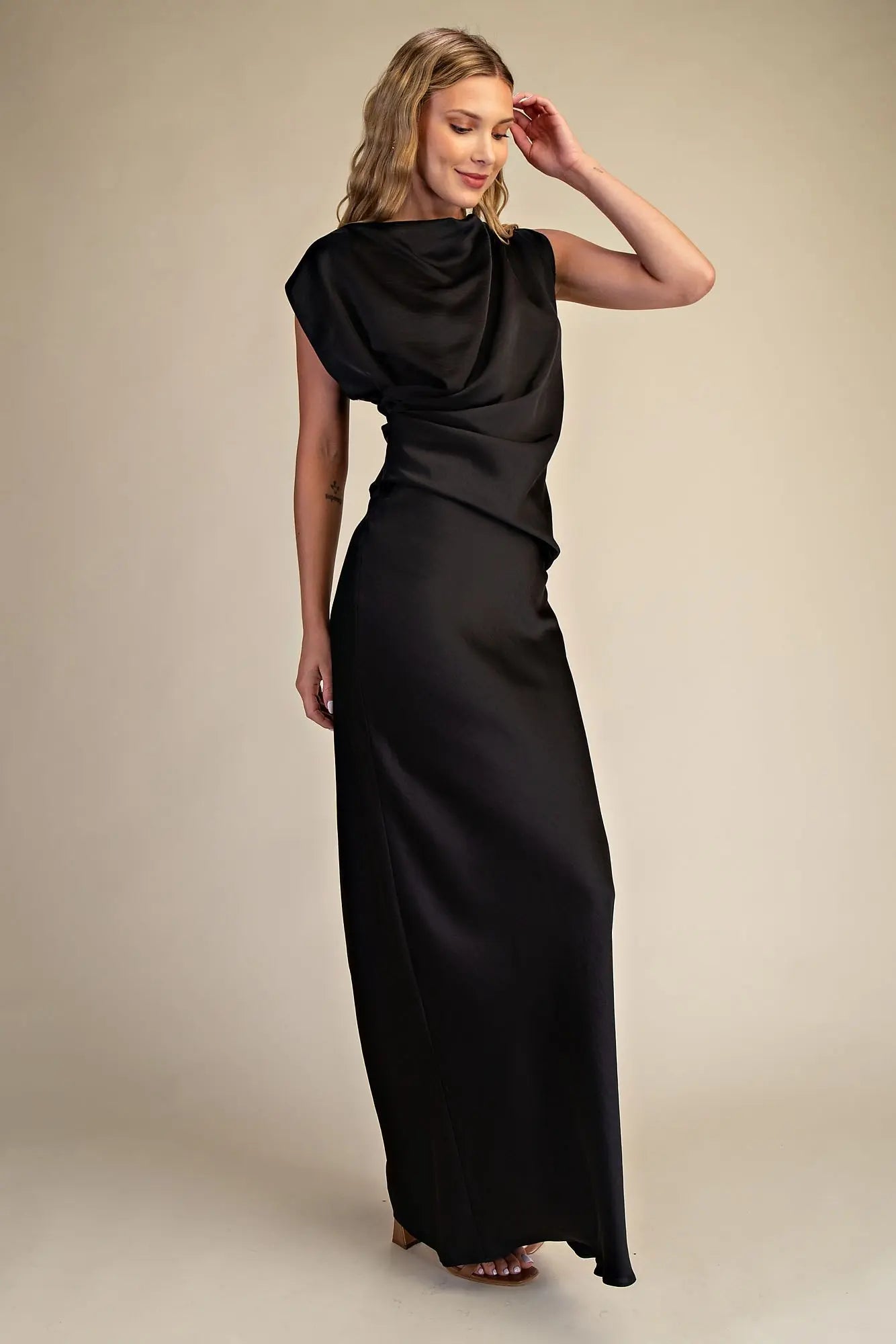 MOCK NECK V-NECKLINE SATIN DRESS