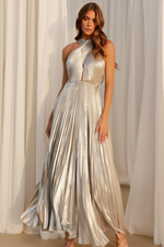 Load image into Gallery viewer, **SALE** SILVER METALLIC PLEATED TIE MAXI DRESS
