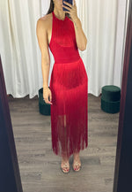 Load image into Gallery viewer, Red Fringes Midi Dress
