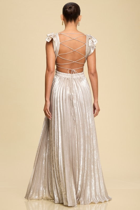 METALLIC PLEATED MAXI DRESS