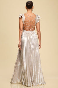 METALLIC PLEATED MAXI DRESS