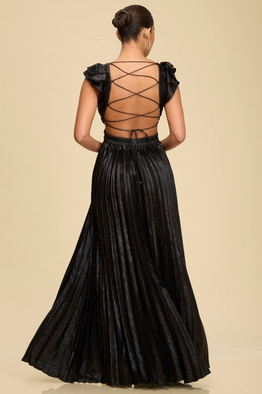 METALLIC PLEATED MAXI DRESS