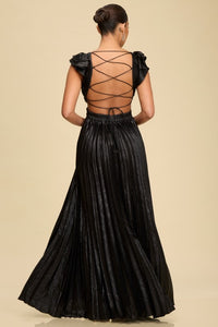 METALLIC PLEATED MAXI DRESS