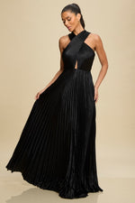 Load image into Gallery viewer, METALLIC PLEATED TIE MAXI DRESS
