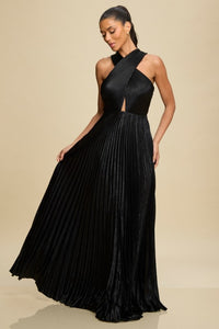 METALLIC PLEATED TIE MAXI DRESS