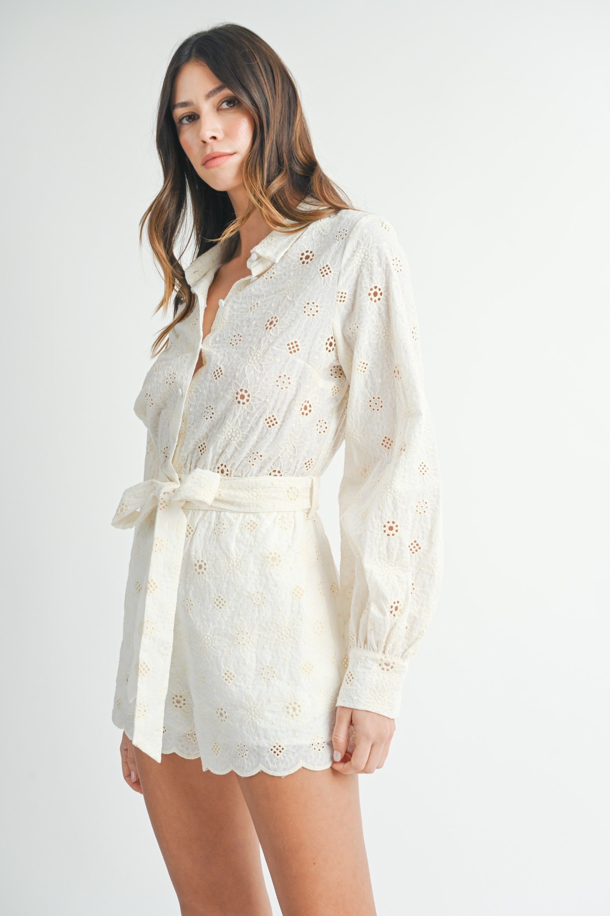 EMBROIDERED EYELET ROMPER