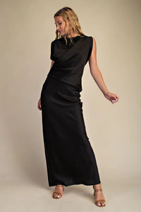 MOCK NECK V-NECKLINE SATIN DRESS