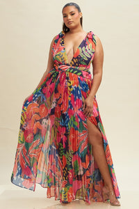 Tropical Printed Pleated Dress
