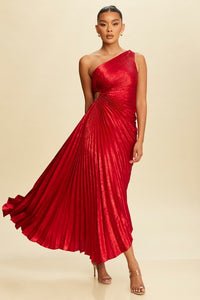 PLEATED ONE SHOULDER SATIN DRESS