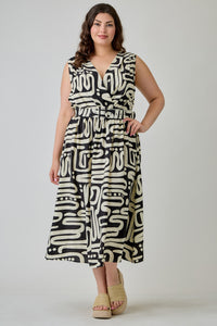 Abstract Print Belted Midi Dress Plus