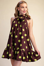 Load image into Gallery viewer, TIE NECK POLKA DOT MINI DRESS

