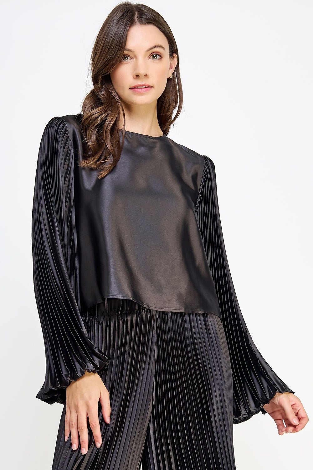 **SALE** Pleated Long Sleeve Satin Top