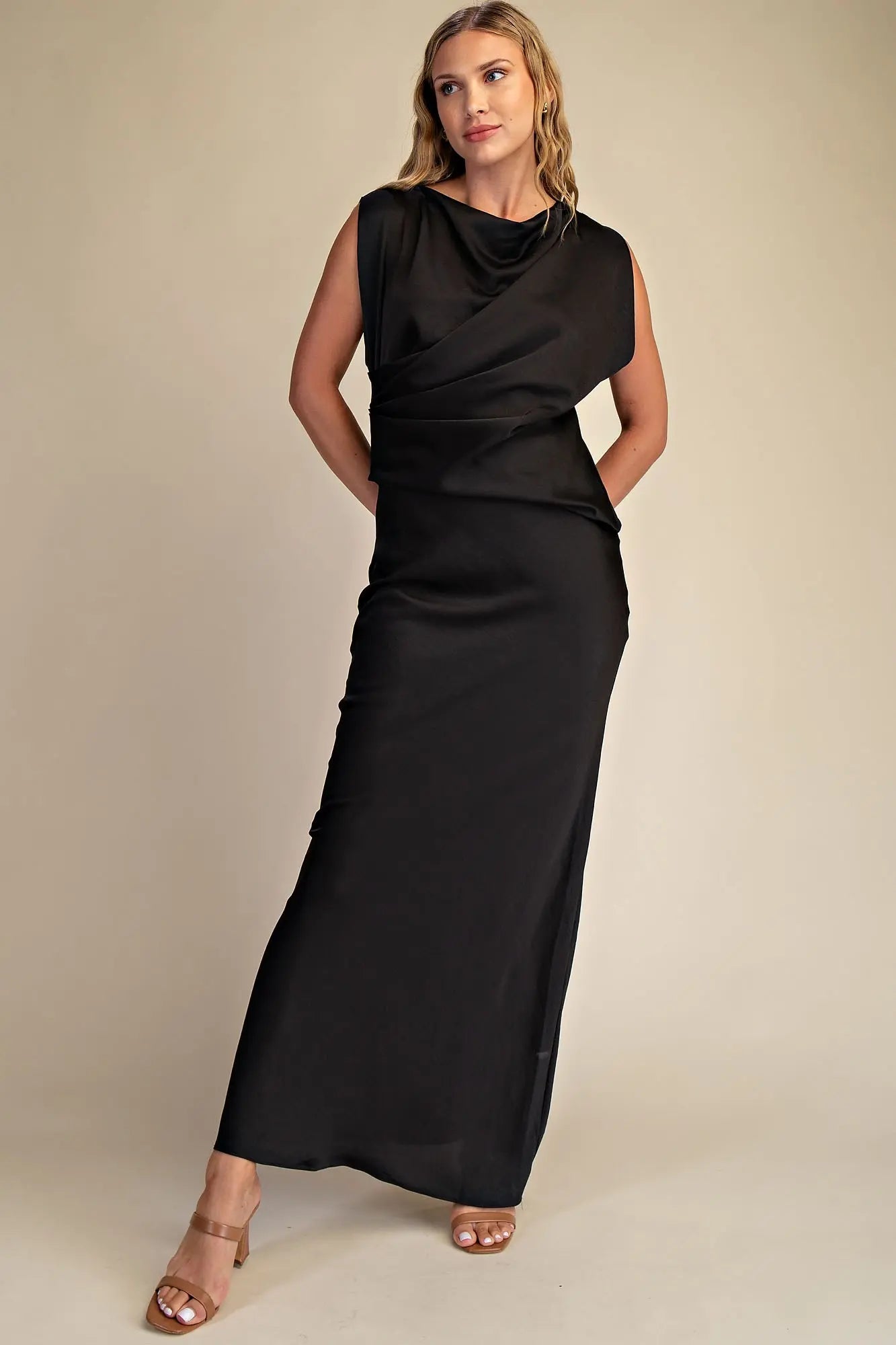 MOCK NECK V-NECKLINE SATIN DRESS
