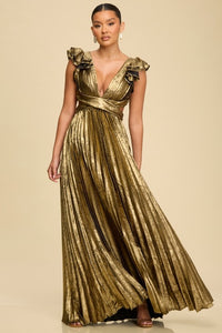 METALLIC PLEATED MAXI DRESS