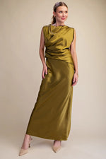 Load image into Gallery viewer, MOCK NECK ANKLE LENGTH SATIN DRESS
