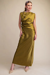 MOCK NECK ANKLE LENGTH SATIN DRESS