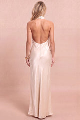 CHAMPAGNE HALTER SATIN DRESS