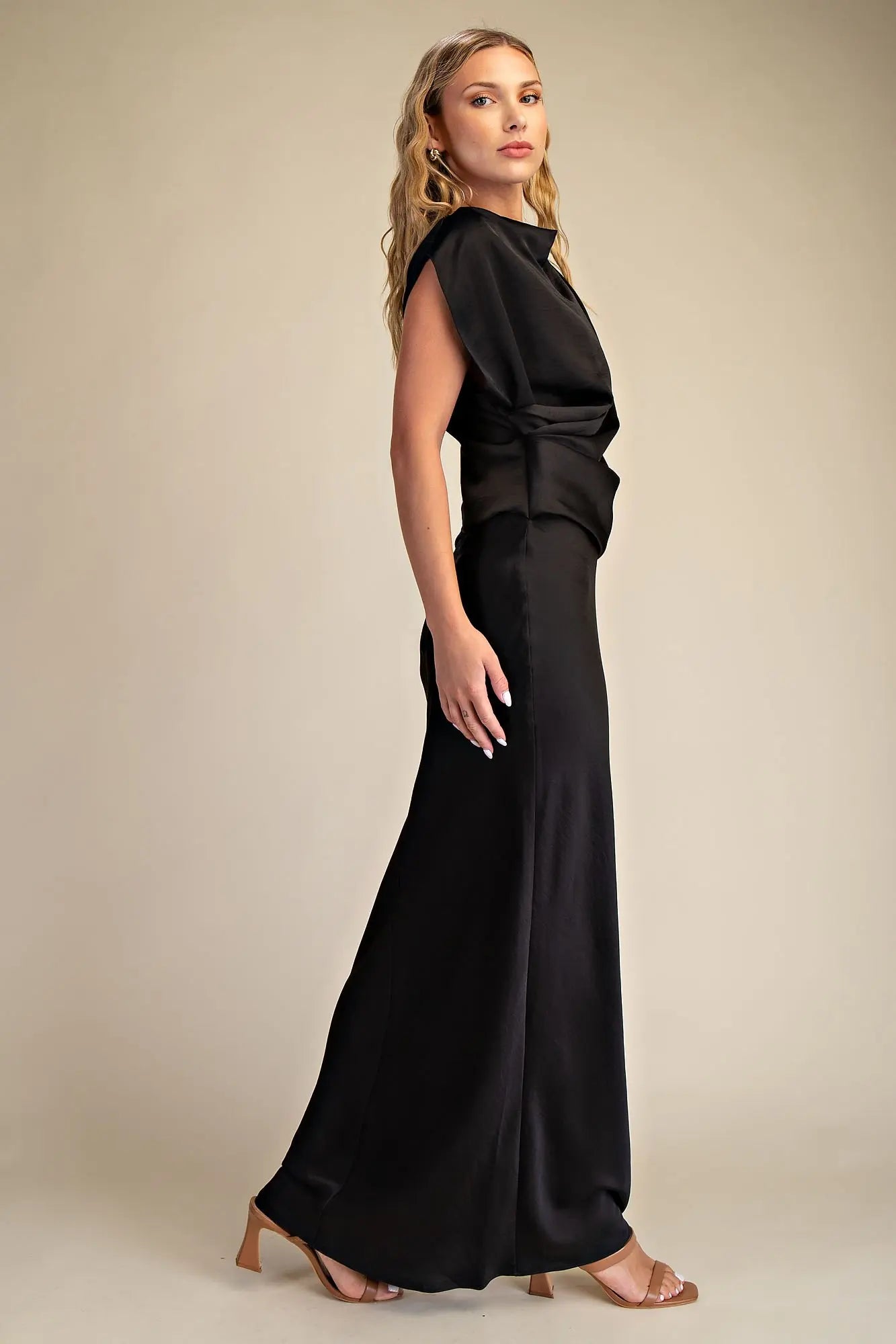 MOCK NECK V-NECKLINE SATIN DRESS