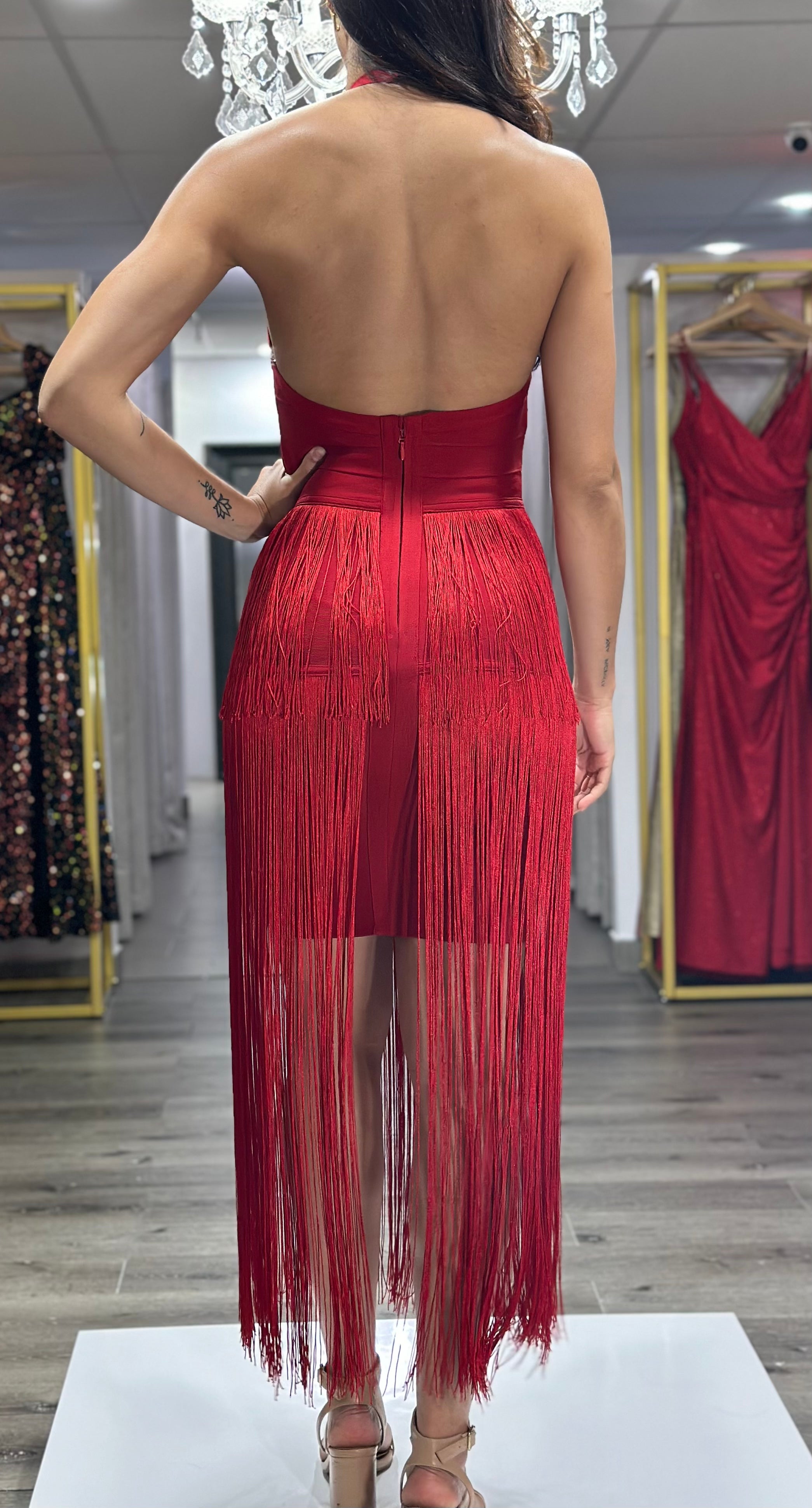 Red Fringes Midi Dress
