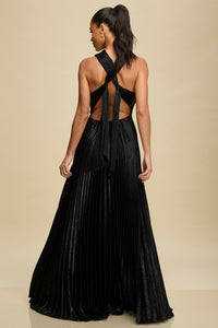 METALLIC PLEATED TIE MAXI DRESS