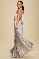 Load image into Gallery viewer, METALLIC PLEATED TIE MAXI DRESS

