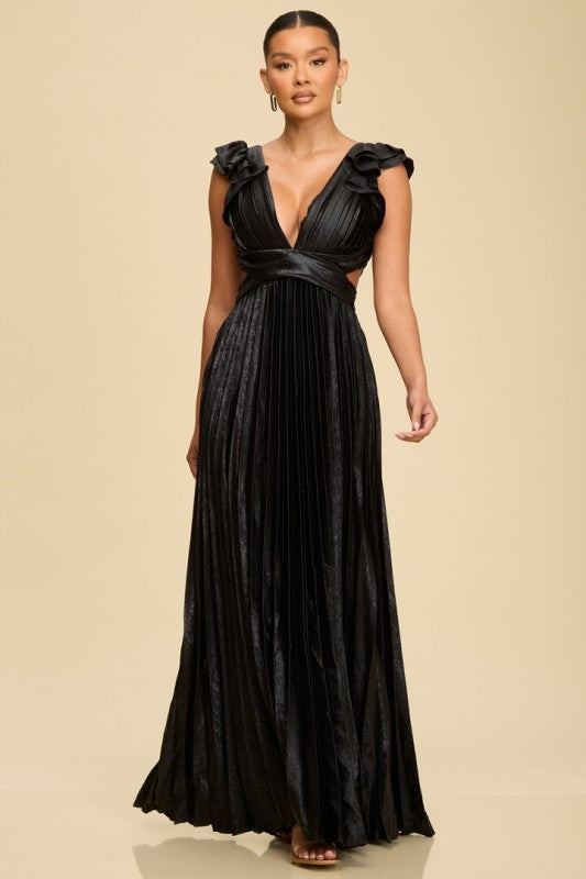 METALLIC PLEATED MAXI DRESS