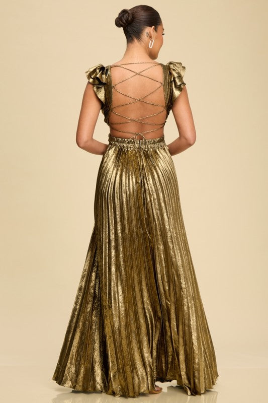 METALLIC PLEATED MAXI DRESS