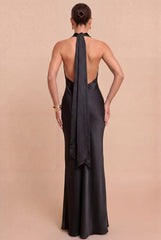 BLACK HALTER SATIN DRESS