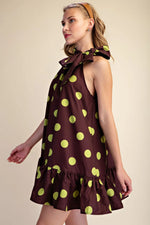 Load image into Gallery viewer, TIE NECK POLKA DOT MINI DRESS

