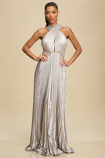 Load image into Gallery viewer, METALLIC PLEATED TIE MAXI DRESS
