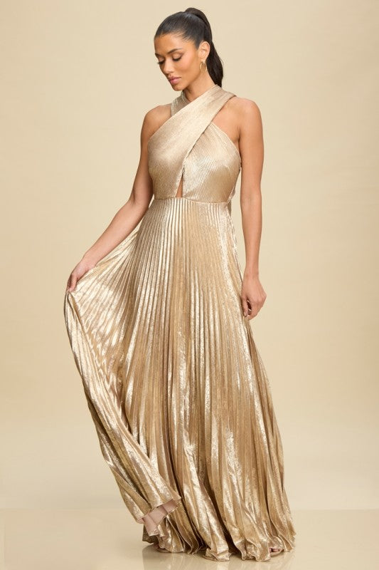 METALLIC PLEATED TIE MAXI DRESS