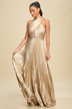Load image into Gallery viewer, METALLIC PLEATED TIE MAXI DRESS
