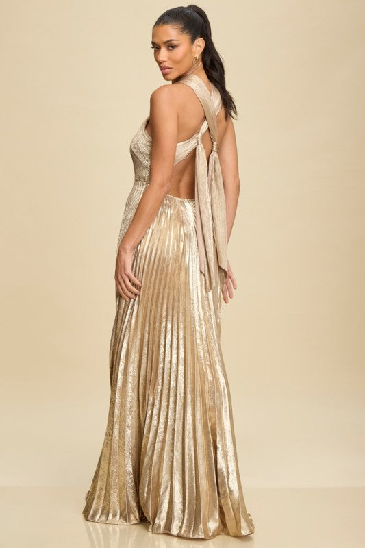 METALLIC PLEATED TIE MAXI DRESS