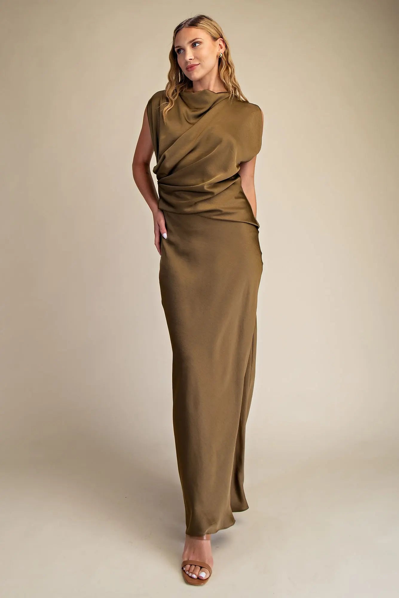 MOCK NECK V-NECKLINE SATIN DRESS