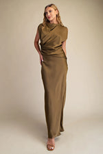 Load image into Gallery viewer, MOCK NECK V-NECKLINE SATIN DRESS
