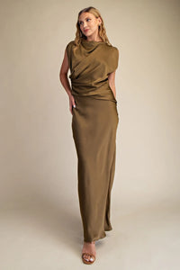 MOCK NECK V-NECKLINE SATIN DRESS