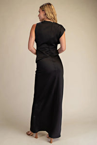 MOCK NECK V-NECKLINE SATIN DRESS