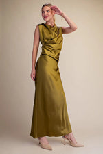 Load image into Gallery viewer, MOCK NECK ANKLE LENGTH SATIN DRESS
