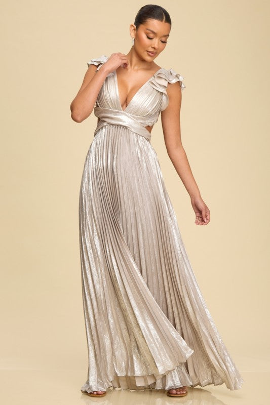 METALLIC PLEATED MAXI DRESS