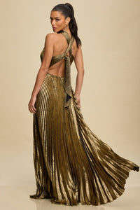 METALLIC PLEATED TIE MAXI DRESS