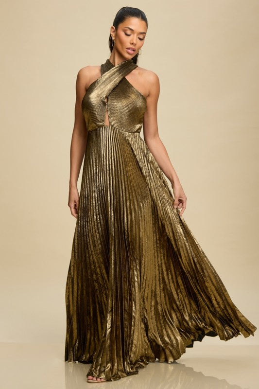 METALLIC PLEATED TIE MAXI DRESS