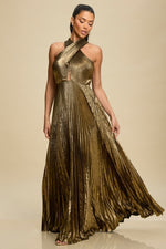 Load image into Gallery viewer, METALLIC PLEATED TIE MAXI DRESS
