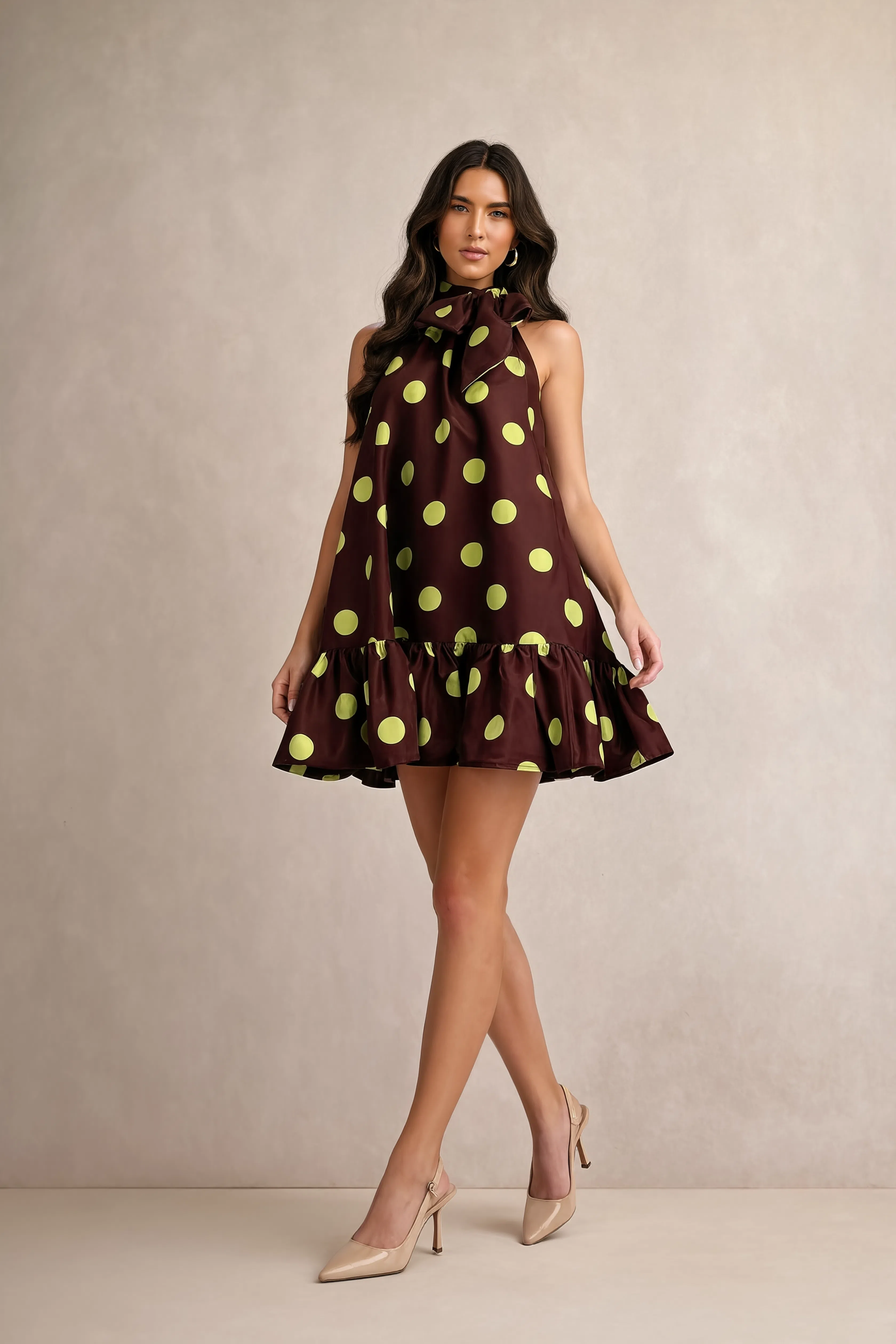 TIE NECK POLKA DOT MINI DRESS