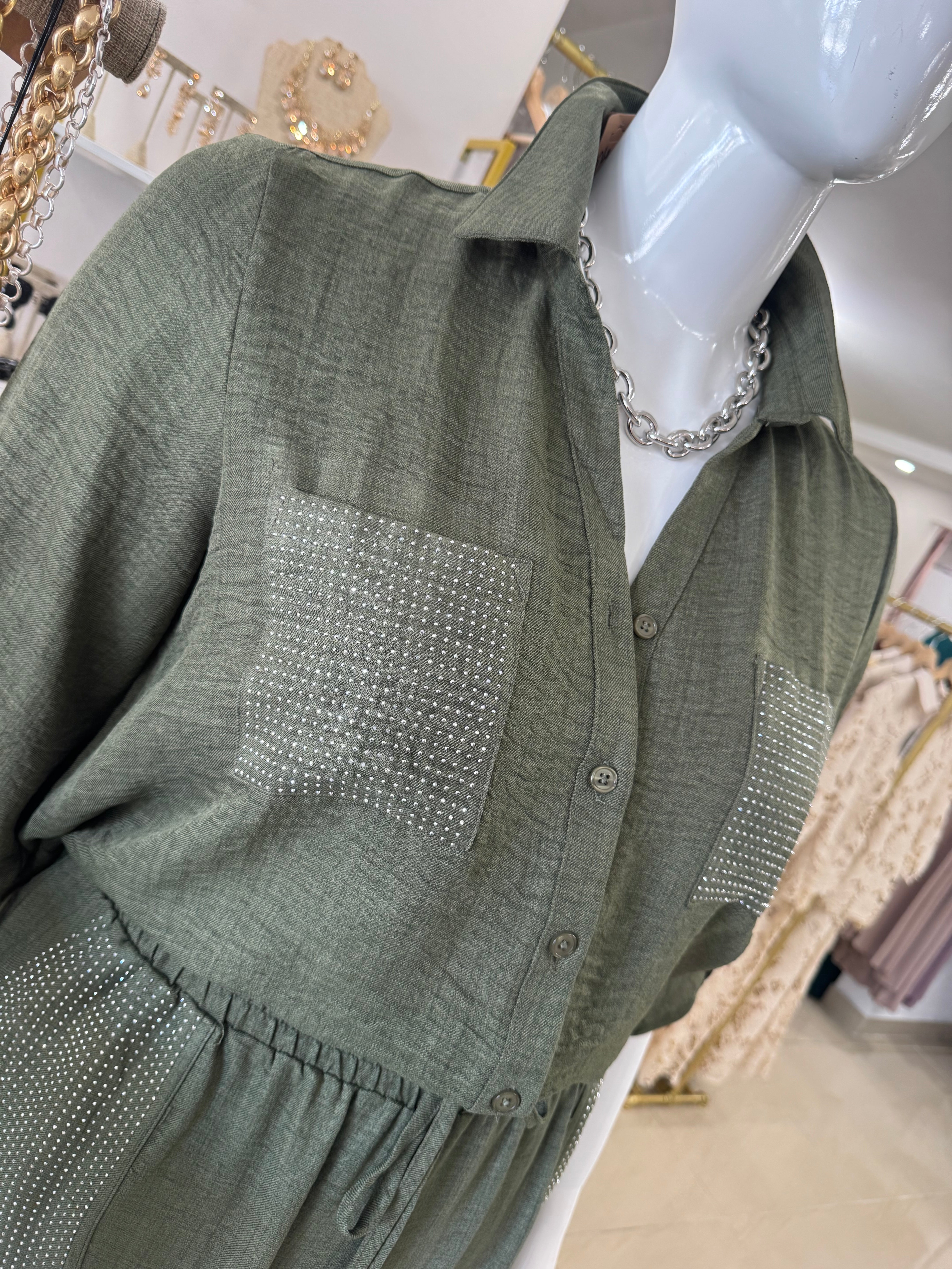 #21 Olive Dots Pockets Top