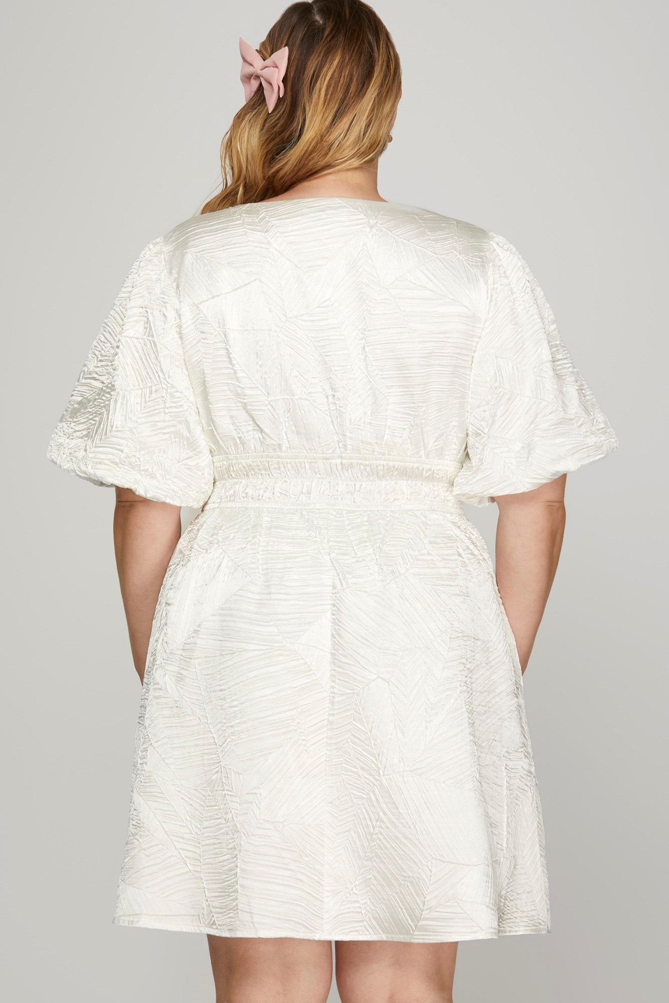 Off White Satin Balloon Sleeve Dress