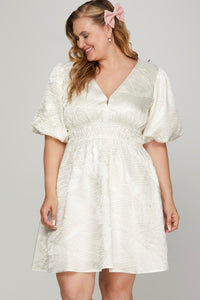 Off White Satin Balloon Sleeve Dress