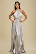 Load image into Gallery viewer, **SALE** SILVER METALLIC PLEATED TIE MAXI DRESS
