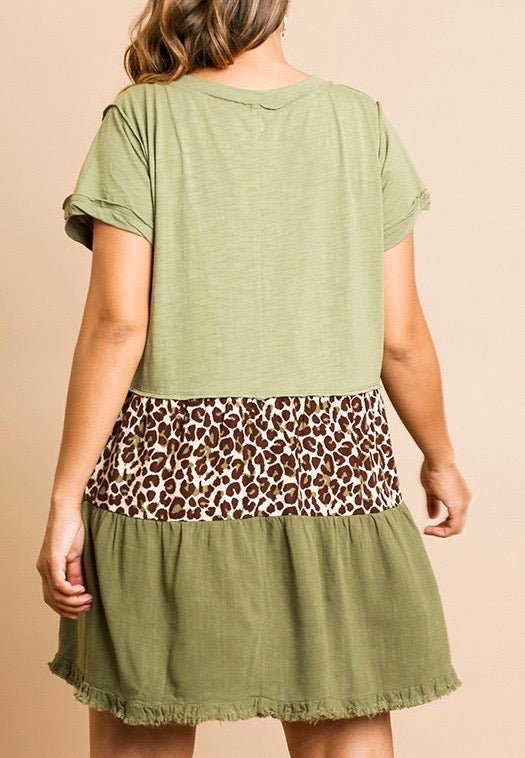 Short Sleeve V-Neck Slub Knit, Animal Print, and Linen Blend Tiered Dress with Ruffle Hem