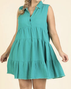 Sleeveless V-Neck Collared Ruffle Dress with Frayed Hem